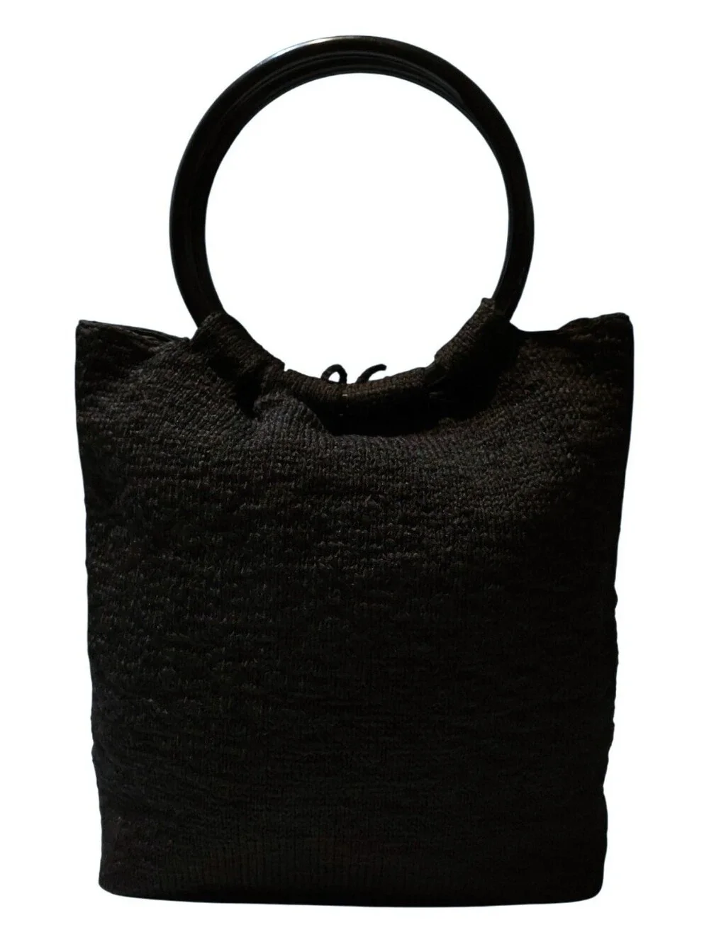 Vintage Black Crochet Flower Handbag O-Ring Handle StructuredBade Tote Boho